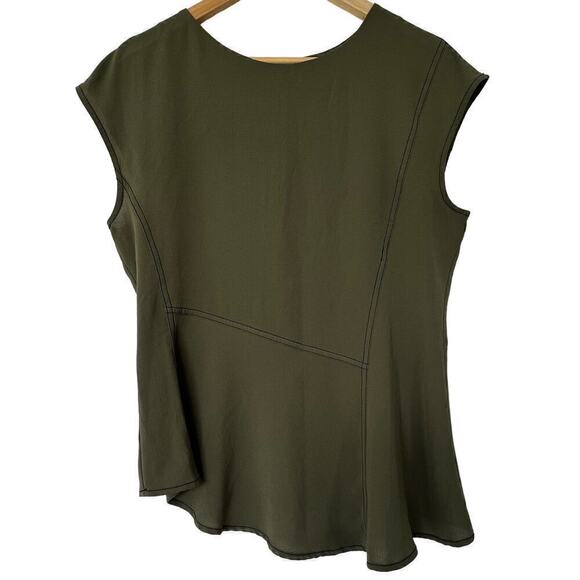 Worthington Seersucker Cap Sleeve Asymmetric Blouse Olive Green Women's Medium - Picture 1 of 6